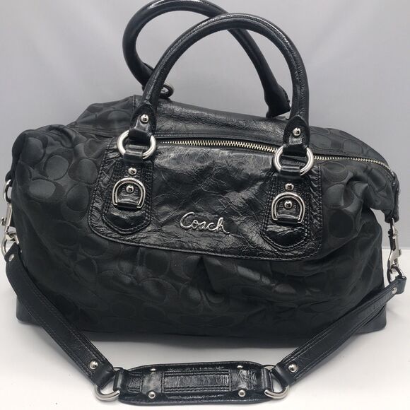 Coach Women’s Signature Logo ~ Large ~Black On Black Satchel Handbag W/ Strap - Picture 12 of 13